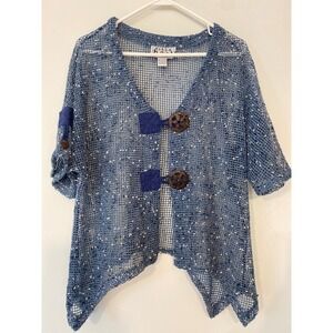Keren Hart Blue Open Weave Knit Mesh Cardigan Sweater Wood Toggle Button Medium